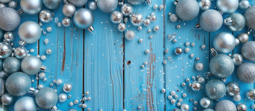 Poster Top view of Christmas themed silver beads enclosed in a frame displayed on a blue wooden backdrop with ample copy space image