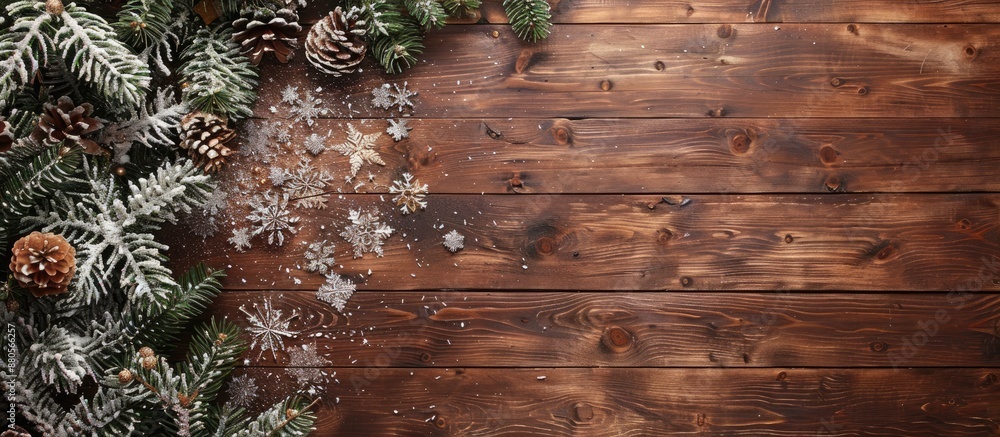 Fototapete Top view of a Christmas themed wooden background featuring a snow dusted fir tree and decorations creating space for your text within the image. copy space available