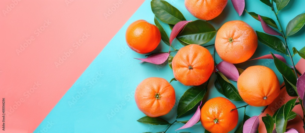 Poster Tangerines and leaves on colorful background in a flat lay setting with copy space image for text featuring citrus fruits