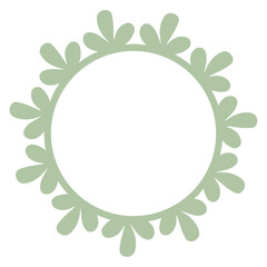 A green floral frame with abstract leaf-like shapes arranged in a circular pattern around a blank white space in the center