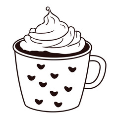 A white mug with a swirly cream topping and small heart shapes printed on the mug