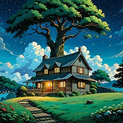 Cabin in front of old tree