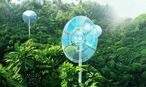 Tropical dense forest and environmental technology. Wide angle visual for banners or advertisements