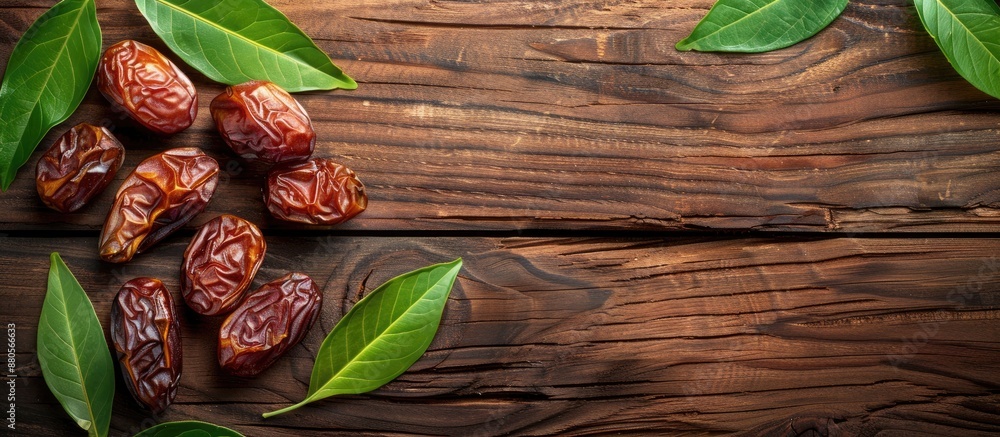 Poster Flat lay of sweet dried dates on a wooden table with green leaves ready for text placement in the copy space image