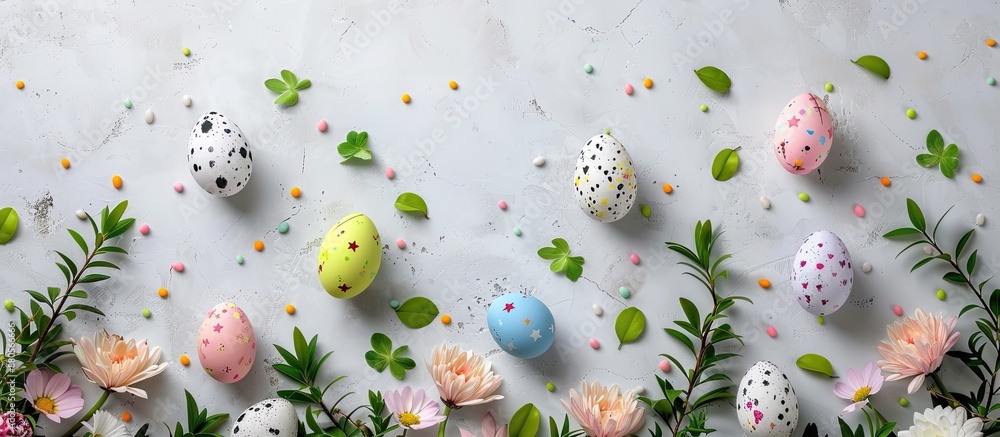 Poster An Easter themed flat lay frame background featuring colorful eggs and spring flowers ideal for a spring holiday greeting card with a copy space image