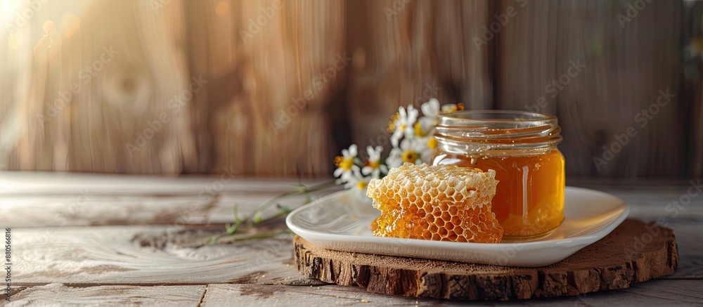 Aufkleber Honeycomb on a white plate is displayed next to a glass jar against a wooden background creating a rustic setting with copy space image