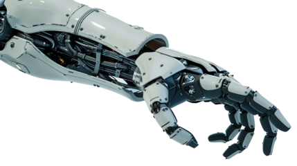 Futuristic design concept of a robotic mechanical arm. Cybernetic organism, Artificial Intelligence, isolated on white background.
