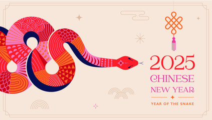 Chinese new year 2025 year of the Snake. Red Snake illustration and design. Red traditional Chinese vector designs with snakes. Lunar new year concept, geometric modern design