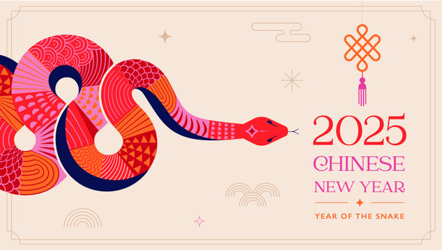Chinese new year 2025 year of the Snake. Red Snake illustration and design. Red traditional Chinese vector designs with snakes. Lunar new year concept, geometric modern design