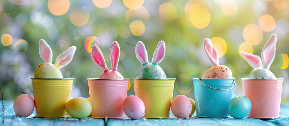 Leinwandbilder happy easter card surrounded by easter eggs with cute rabbit ears in various colored buckets with se