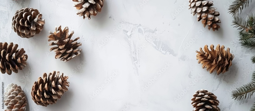 Poster top view of an organic pine cone arrangement with a rectangular frame for text on a light gray backd