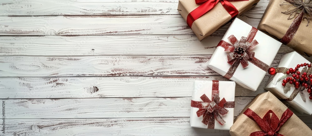 Poster old white wooden background with christmas gifts displayed featuring empty copy space image
