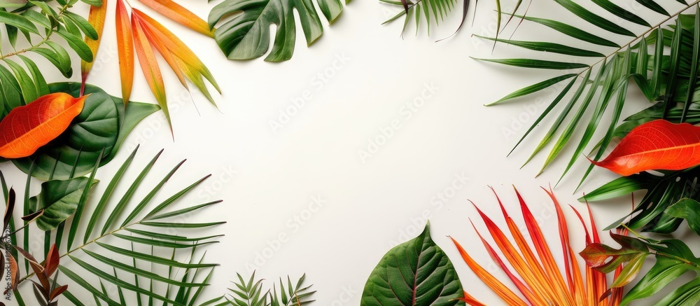 Poster frame made of autumn foliage on white background for tropical feel flat lay top view with natural ph