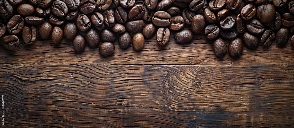 Poster Coffee beans displayed on a rustic wooden table with copy space image available