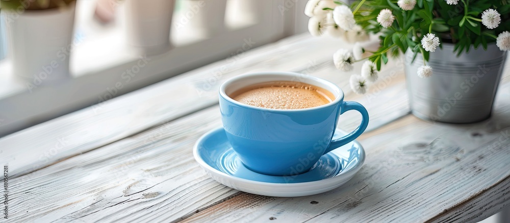 Poster a blue coffee cup sits on a white wooden table in a pleasant arrangement leaving room for additional