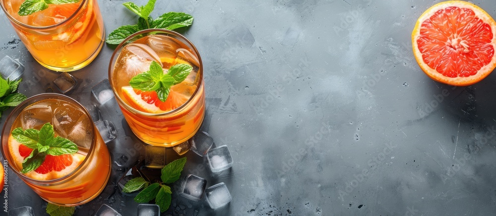 Aufkleber Refreshing iced tea with mint grapefruit and ice on a gray backdrop perfect for adding text or graphics. copy space available