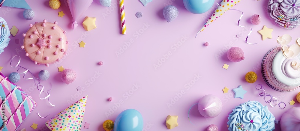 Poster Lilac background adorned with various party decorations around a vacant space for inserting images. copy space available