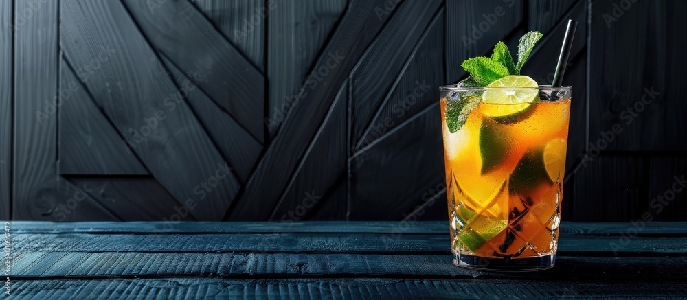 Poster cocktail glass with an iced drink garnished with mint and lime on blue wooden surface against black 