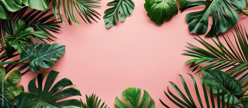 Poster top view of a banner on a pink background with a tropical green palm monstera leaf and branches patt