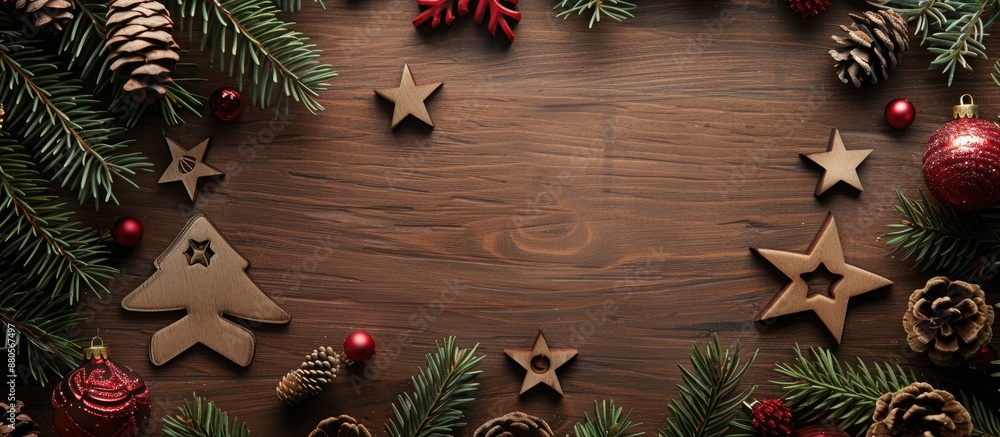 Poster paste text on rowan s christmas themed background of wooden toys and pine perfect for a copy space i