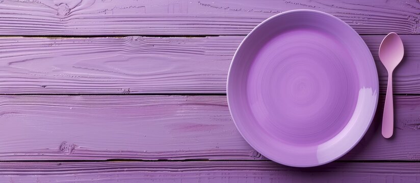 Light wooden background with a purple plate on it creating a serene image with a copy space image