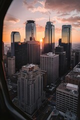 City skyline at sunset from a helicopter view