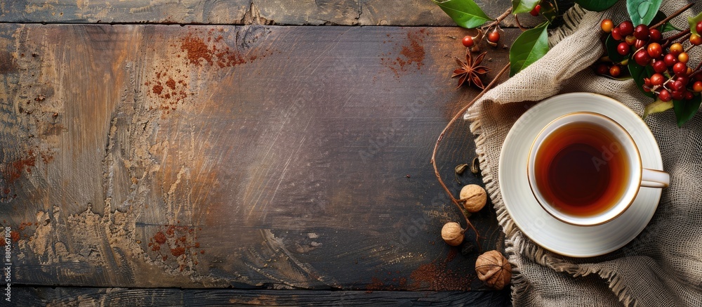 Poster organic food border with a tea cup on a rustic background with copy space image