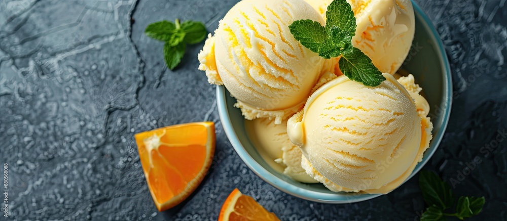 Poster Orange citrus ice cream in a bowl on a stone backdrop with room for text or other elements in the image A chilled treat for the summer viewed from above in a flat lay composition