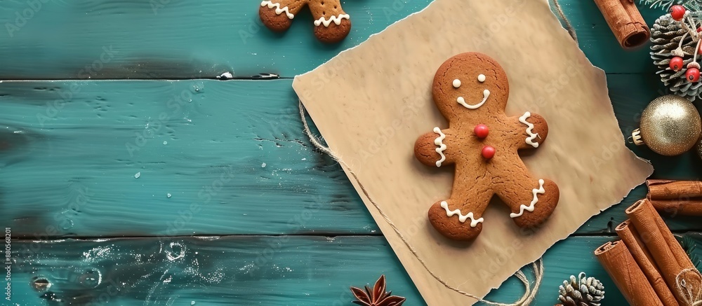 Aufkleber Top view of a gingerbread Christmas cookie with blank paper for copy space image