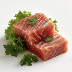 Fresh tuna sashimi with parsley, on white background.