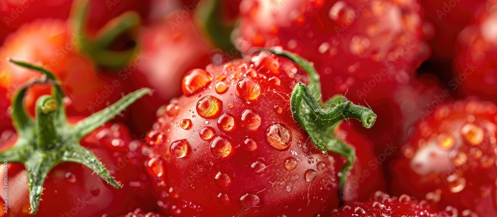 Poster close up image of fresh red cherry tomatoes with water droplets featuring ample copy space
