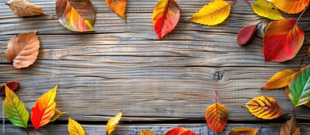 Poster Wooden background adorned with vibrant autumn leaves ideal for a copy space image