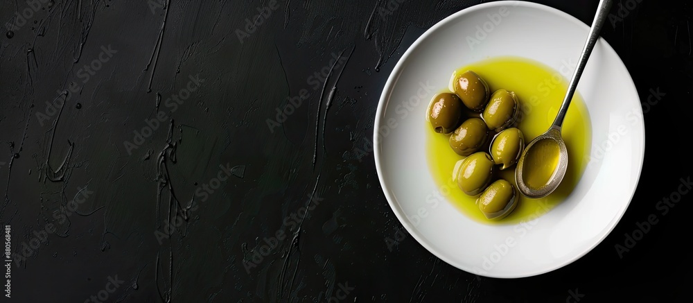 Poster blank white plate features fresh olives and olive oil with a spoon against a black background creati