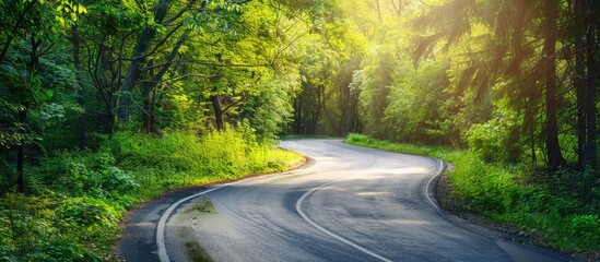 Obraz premium Nature landscape of an empty road winding through a forest with wild trees set in an eco friendly environment on a sunny summer day featuring copy space image