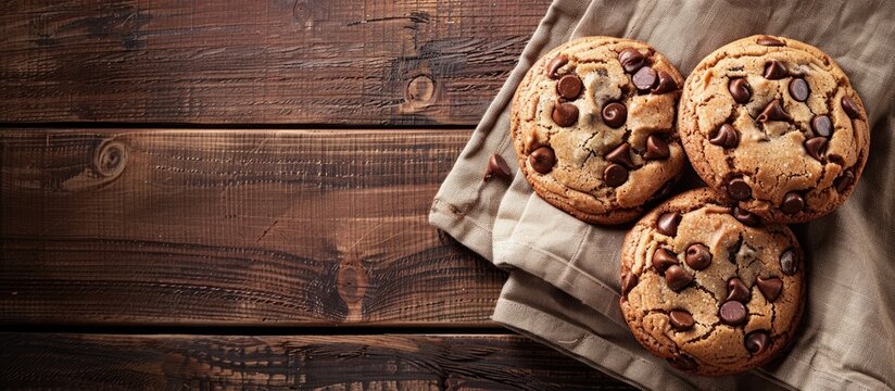 Chocolate chip cookies displayed on a wooden table with copy space image