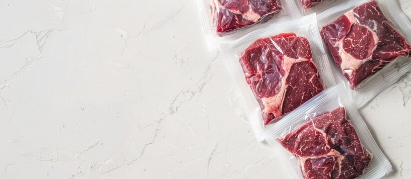 Fresh beef steak pieces prepared for sous vide cooking stored in plastic bags on a white stone surface with room for text in the image. copy space available