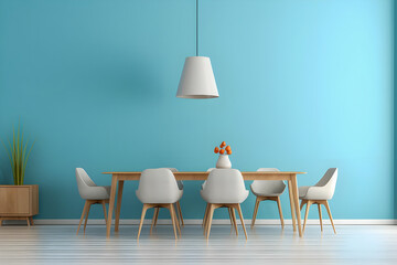 3D rendering showcases a modern apartment interior, featuring an empty living room with a blank blue wall, a dining room with a table and chairs, and an interior background.