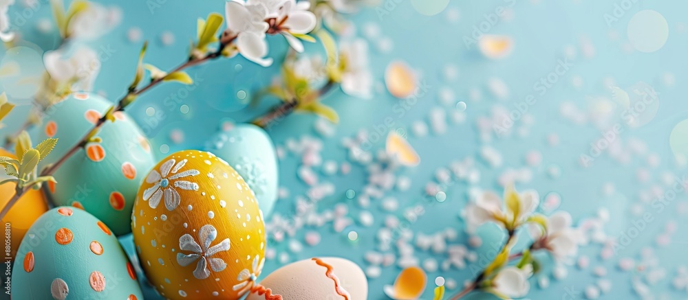 Poster easter themed background featuring decorated eggs with copy space image wishing you a joyful easter 