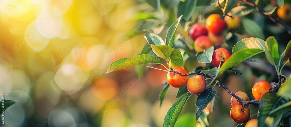 Poster Selective focus close up of colored little fruits on a tree with a blurry background providing a picturesque copy space image