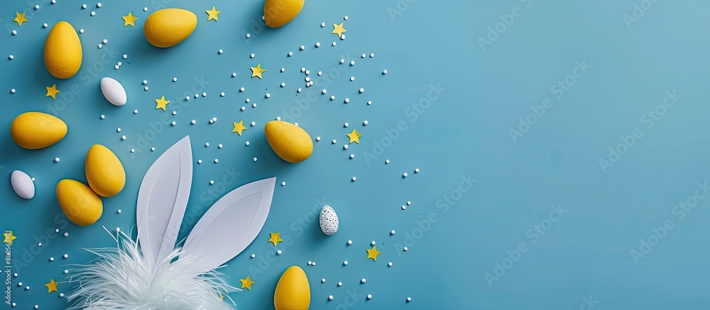 Leinwandbilder top view of yellow paper eggs fluffy white rabbit ears on a blue background embodying an easter and 
