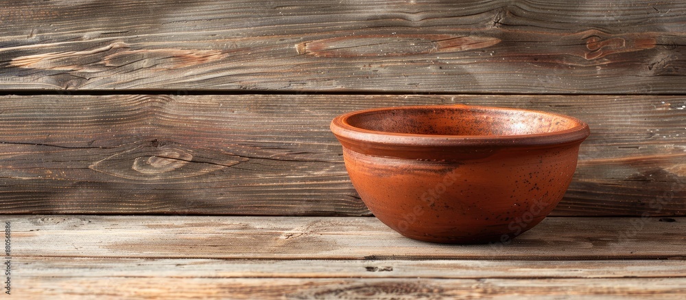Poster Wooden background with an empty clay bowl ideal for adding text or images copy space image