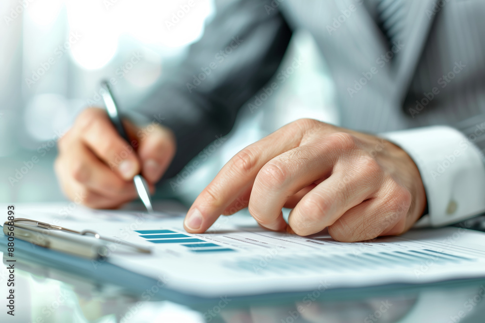Poster business professional analyzing financial report with data charts. close-up of hands highlighting ke