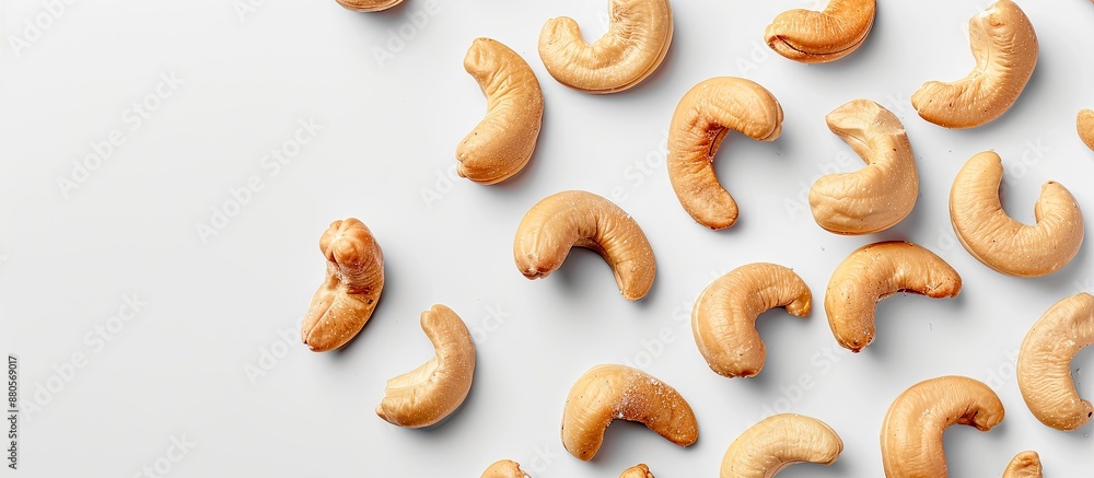 Poster top view flat lay of roasted and salted cashew nuts on a white background with copy space image