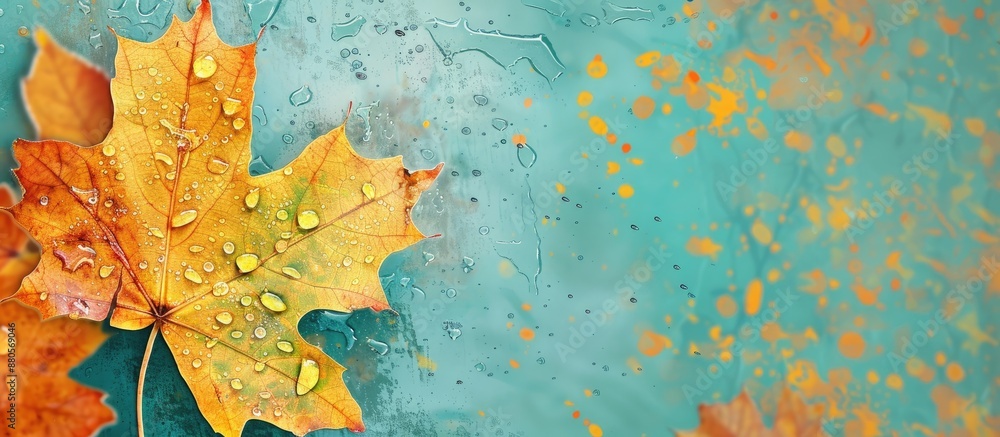 Poster colorful autumn banner featuring maple leaves adorned with raindrops in yellow and orange hues again