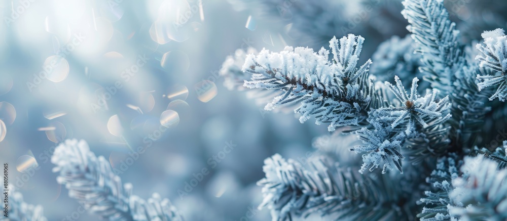 Poster Close up of snow covered coniferous branches creating a winter Christmas abstract background with copy space image
