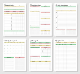 Fitness planners set. Daily, weekly, monthly fitness planners, workout tracker, fitness goals and weight tracker. A4 printable templates.