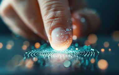 Close-up of a finger touching a glowing digital surface, concept of biometric technology and fingerprint scanning in a futuristic setting.