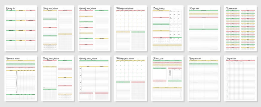 Fitness and meal planners set. Daily, weekly, monthly, workout tracker, fitness goals, weight tracker, daily food log, grocery list, recipe card, water tracker, sleep tracker.