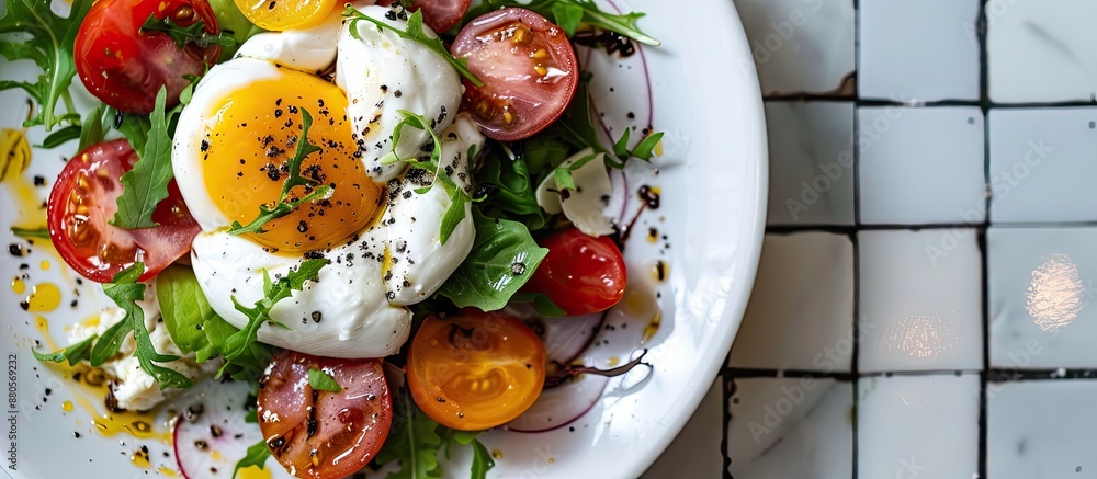 Poster close up shot of a tasty burrata salad on a white tiled table with ample copy space image