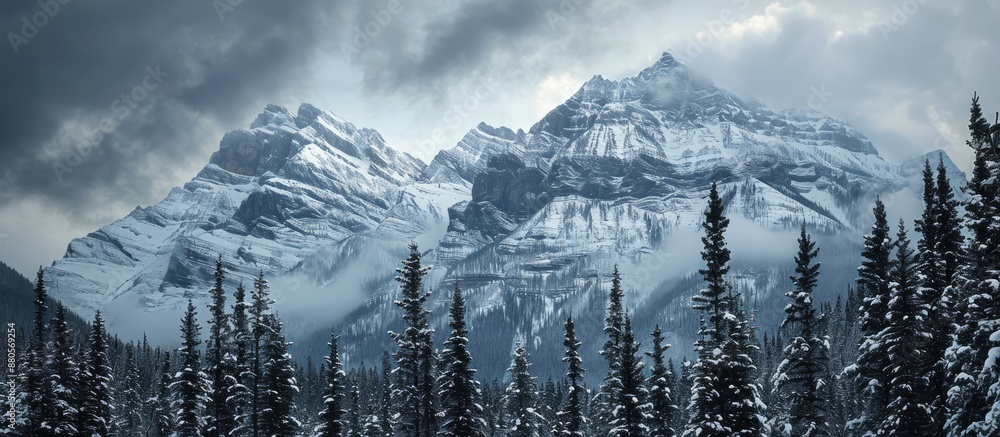 Poster winter mountain landscape featuring snow covered spruce trees on towering peaks under a cloudy sky w